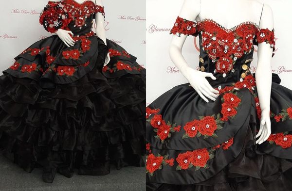 

black and red floral patterned flowers 2022 quinceanera dresses off the shoulder ball gown gold buttons pearls sweet 15 16 charra prom eveni, Blue;red