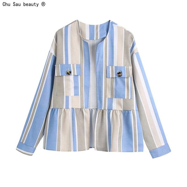 

women's jackets 2021 autumn o-neck vintage pocket decoration long-sleeved shirt jacket fashion loose striped coat casual, Black;brown