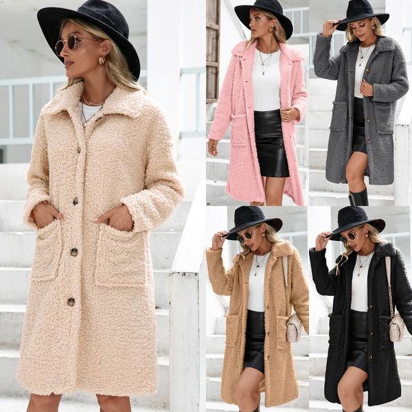 

women's wool & blends women fleece lamb coat 2021 winter casual turn down collar long sleeve pocket trench elegant warm teddy jacket ou, Black
