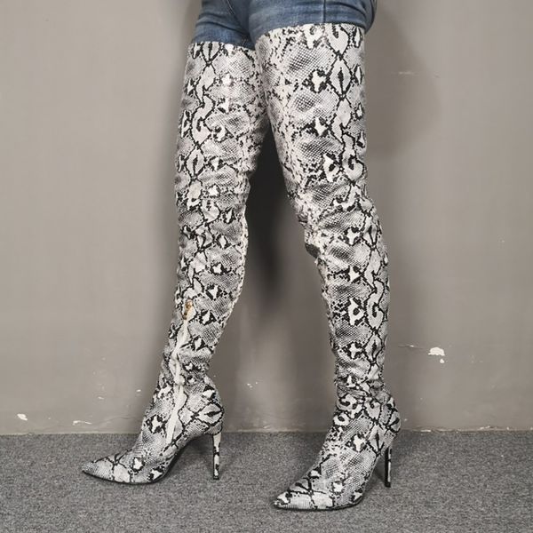 

handmade women large size 35-47 high heel over knee boots faux snake leather pointed-toe thigh-high booty evening club fashion silver winter, Black