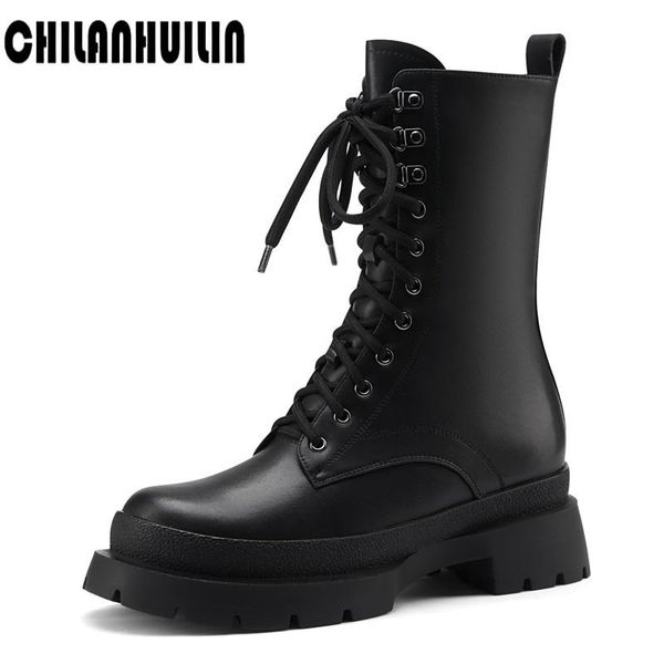 

boots autumn winter women classic warm plush ankle platform block heel round toe black lace-up lady short motorcycle snow