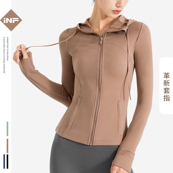 

new style yoga coat women's long sleeve nude lulu autumn and winter high collar hooded zipper sports fitness clothes, Gray