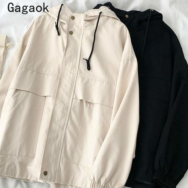 

women's jackets gagaok streetwear female 2021 spring autumn solid o-neck full lace up wide-waisted zipper loose casual wild coat, Black;brown