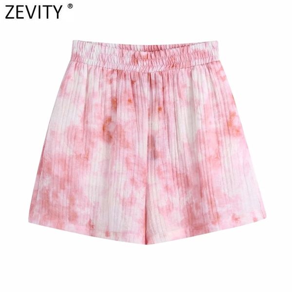 

zevity women fashion tie dyed print casual bermuda pleats shorts female chic elastic waist summer pantalone cortos p1035 210623, White;black