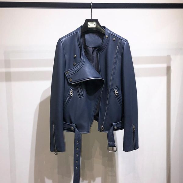 

female clothing women's bomber jacket spring genuine leather coats solid color outerwear sheepskin coat & faux, Black