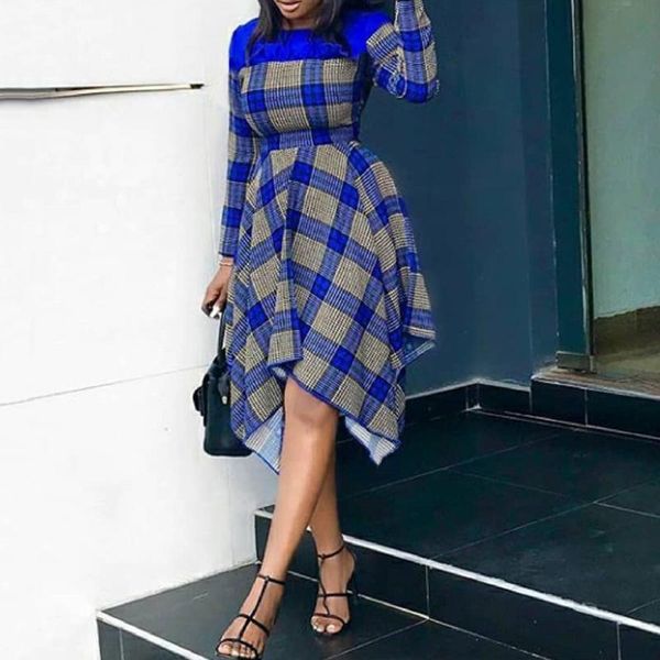 

casual dresses elegant blue paid women dress 2021 spring long sleeve irregular hem ol office midi ruffles parchwork maxi robe, Black;gray