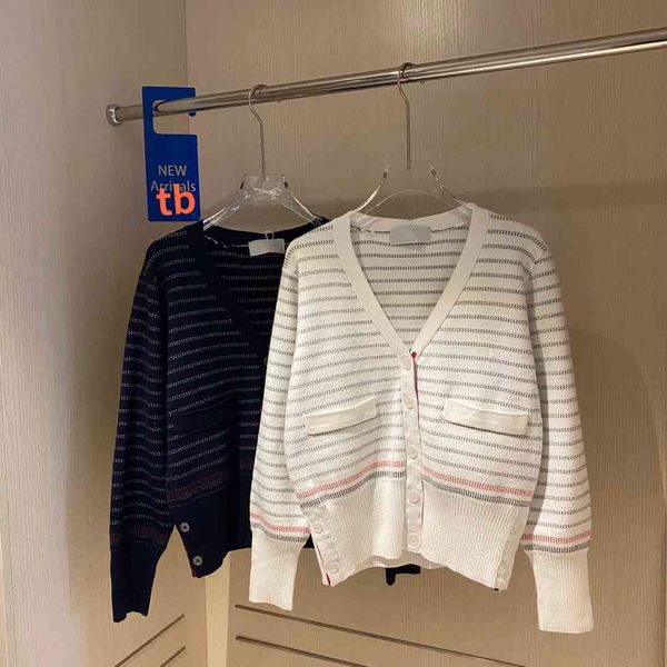 

tb 2021 early fall new knitted men's and women's cardigan color matching stripe classic college style, White