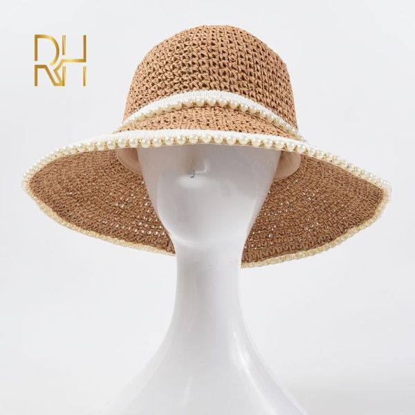 

wide brim hats women summer sun beach panama straw hat pearl folded outdoor cap leisure holiday handmade crochet visor, Blue;gray