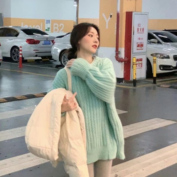 

women's sweaters lake water green color long-sleeved knitwear for women spring and autumn all-matching 2021 design sense loose lazy, White;black