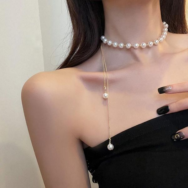

pendant necklaces pearl necklace women smoked pull type delicate collarbone chain light luxury fashion design ins accessories, Silver