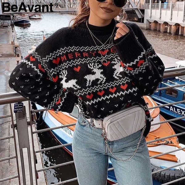 

beavant o-neck long sleeve christmas sweaters women autumn winter deer print knitted female pullover chic ladies jumper 210709, White;black