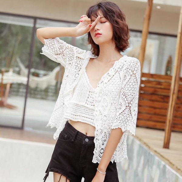

women's blouses & shirts boho chic hollow out crochet lace women fashion kawaii half sleeve summer cardigan, White