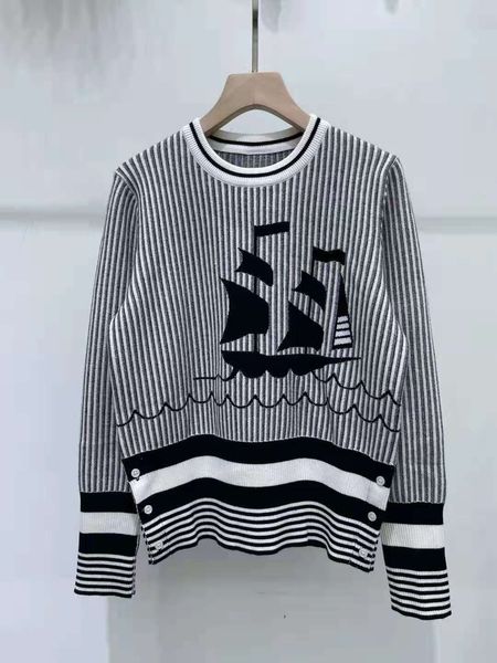

2021 autumn winter new tb british style round neck t-shirt sailboat jacquard pattern color contrast thin sweater coat women, White;black