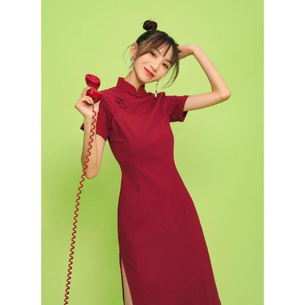 

ethnic clothing summer pure red chinese traditional cheongsam improved bodycon short-sleeved vintage dress party elegant midi dresses qipao