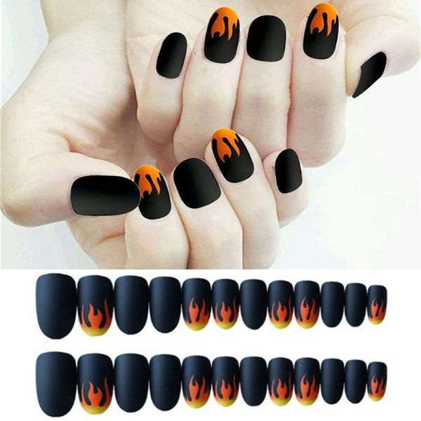 

false nails round head nail art short full cover punk tips fire fake, Red;gold
