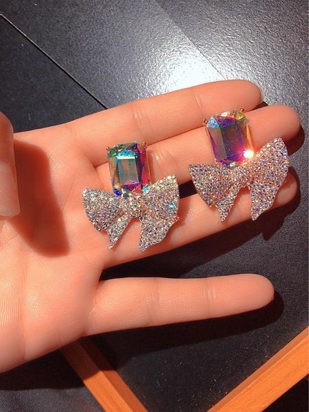 

stud 2021 color bow earrings square zircon exquisite, Golden;silver