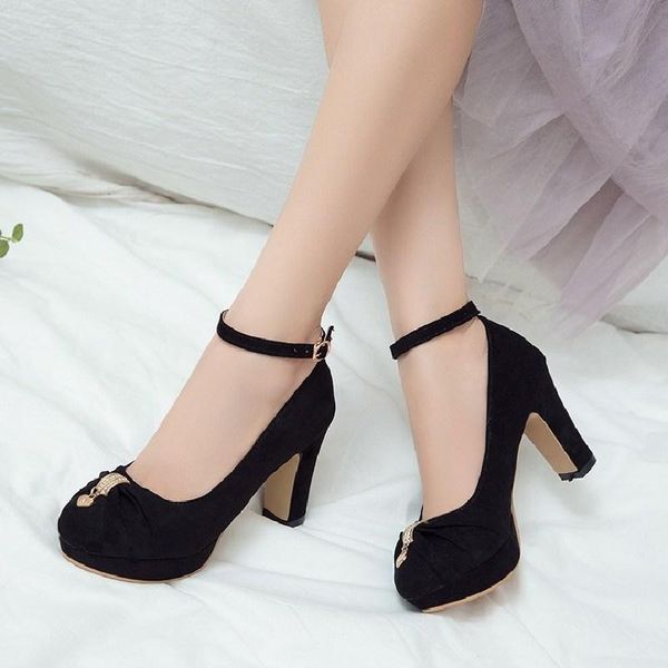 

dress shoes ankle strap high heels sweet women's pumps flock woman thick platform mary jane women party buckle ladies footwear, Black