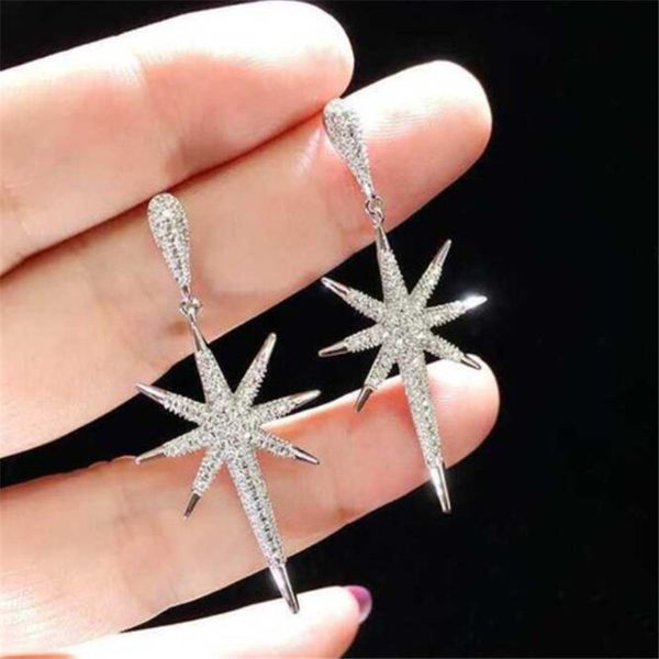 Ins Top Sell Brincos Dangle Celebridade da Internet Simple Fashion Jewelry 925 Sterling Silver Pave White Sapphire CZ Diamond Promise Meter shape Women Drop Earring