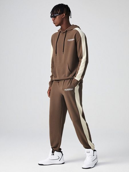 

men letter graphic contrast sideseam drawstring hoodie & joggers set p6ht#, Gray