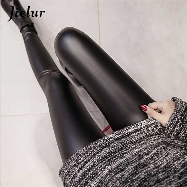 Jielur Herbst PU Kunstleder Leggings Frauen 4 Farben Dünne Hosen Weibliche Koreanische Damen Fleece Bleistift Hohe Taille Legging S-3XL 211216