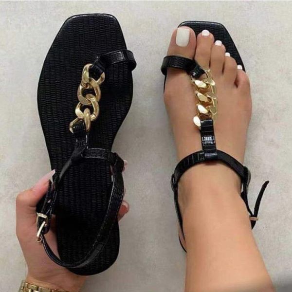 

women chain buckle strap sandals 2021 summer style flat fashion open toe flats female casual comfort shoes slippers, Black