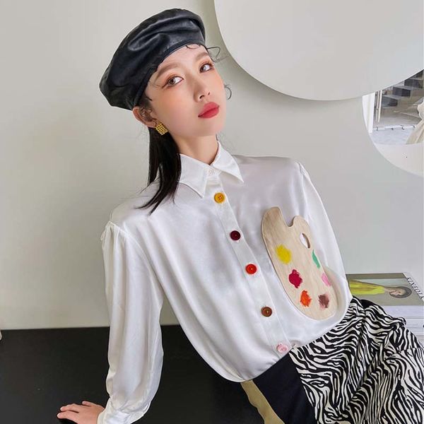 

shirt 2021 spring women satin design blouse chic print mending single-breasted women's blouses fashion ladies shirts, White