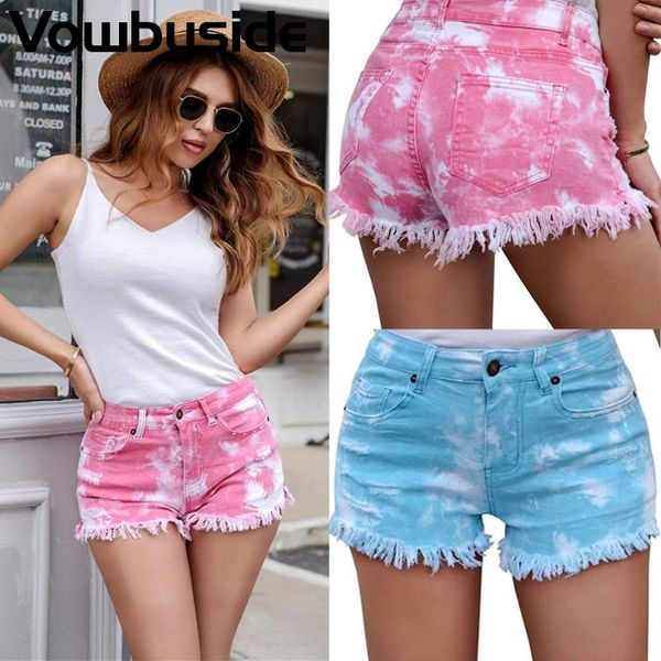 

women's jeans summer shorts mid waist tie dye tassel casual fashion denim, Blue