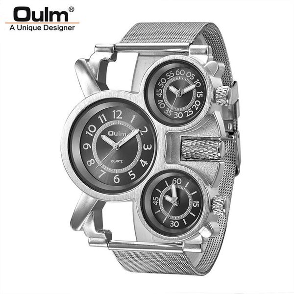 

wristwatches oulm design three time zone unique men's watches male quartz watch man casual mesh strap military wristwatch, Slivery;brown