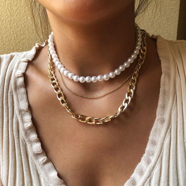 

bohemian multi-layer simulated pearl chain choker necklace for women vintage gold thick short jewelry party gift chokers, Golden;silver