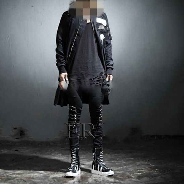 

men's jeans tight trousers fashion personality trend korean version of the self-cultivation feet stretch knee zip large size hip hop j, Blue