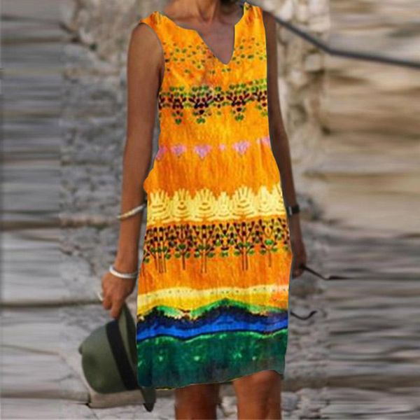 

casual dresses women fashion loose beach dress summer retro print a-line elegant v-neck sleeveless party vestido, Black;gray