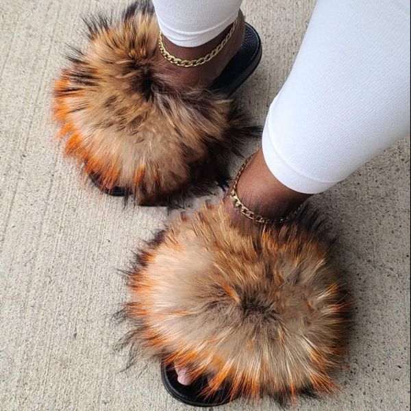 

summer fluffy fur slippers women shoes raccoon slides real flip flop flat outdoor casual female plush, Black