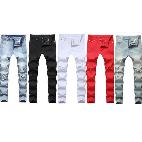 

european and american high street motorcycle hip hop jeans washed ands worn out slim leggings men's trousers, Blue
