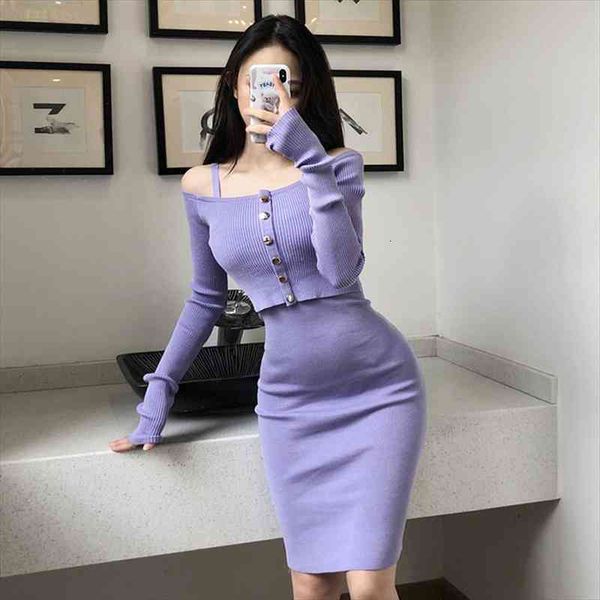 

korean style knitting triped long sleeve solid pink cardigan cropped spaghetti strap dresses suits two piece bodycon robe, Black;gray