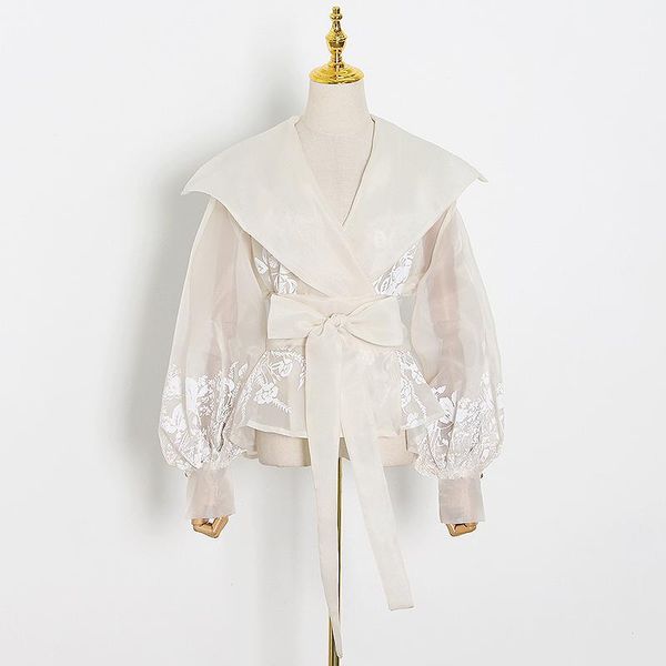 

women's polos embroidery shirt patchwork print lapel collar lantern sleeve tunic lace up elegant shirts female, White