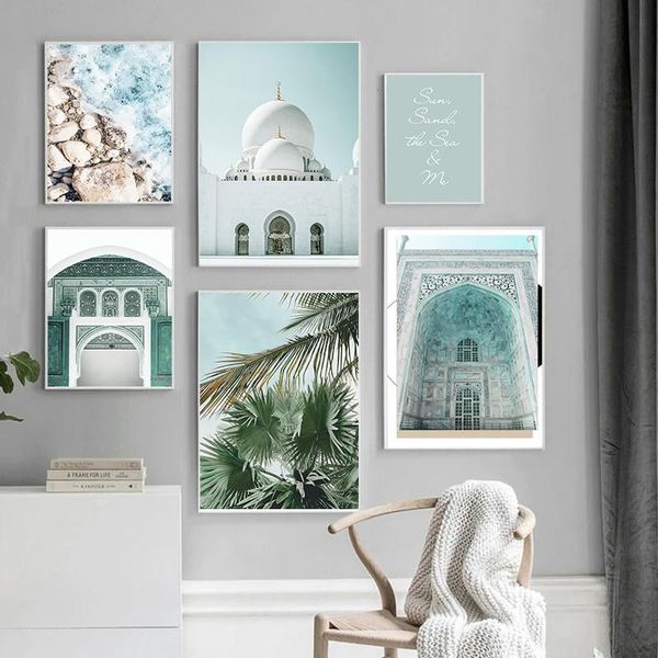 

paintings islamic building beach stone wall art canvas painting nordic green leaf posters and prints living room modern home decor tb148