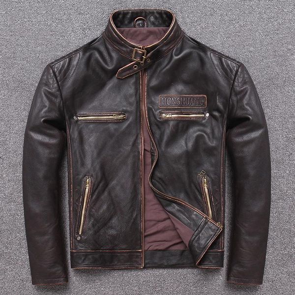 

men's leather & faux halley cowhide male stand lead short fund genuine clothing racing motorcycle locomotive serve do thick moto jacket, Black