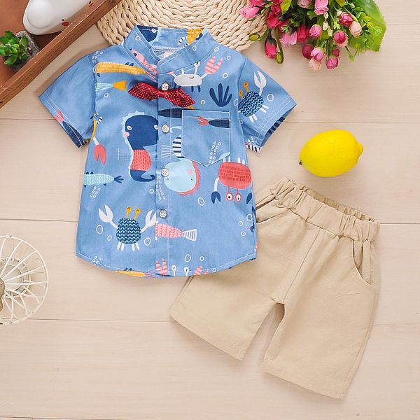 

2021 summer new boys clothing clothes childrens cartoon bow cotton short-sleeved t-shirt + shorts boy sets, White