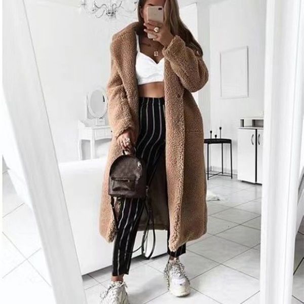 Women Faux Fur Coat Autumn Winter Casual Solid Long Female Vintage Jackets Plush Overcoat Chaqueta Mujer 211220