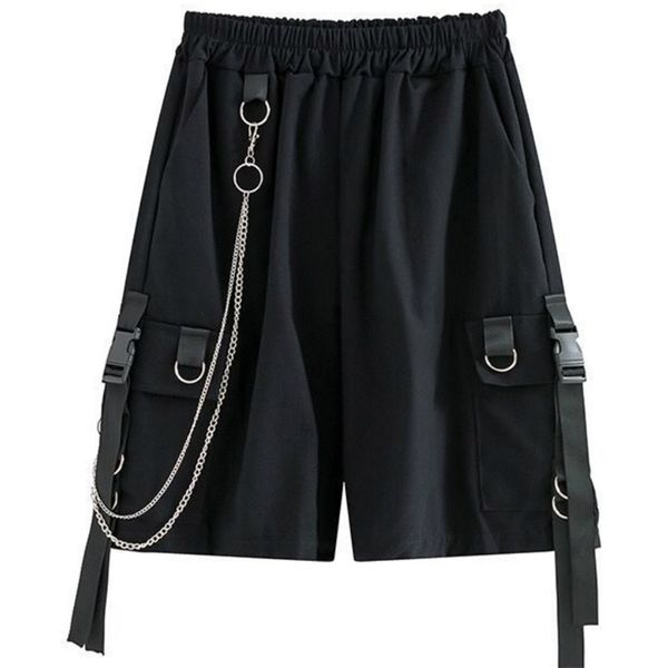

shorts womens summer elastic waist high bf streetwear hip hop straight casual chic ribbons black green couple cotton, White;black