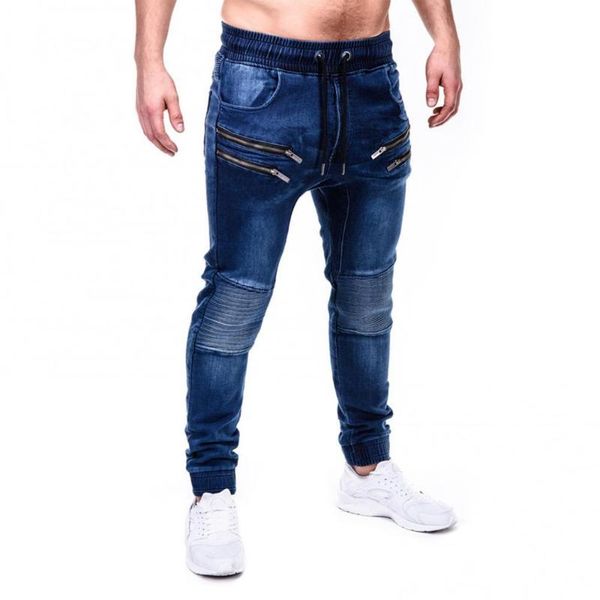 

men's jeans casual men denim cotton zipper drawstring pockets running skinny with pants trousers 2021, Blue