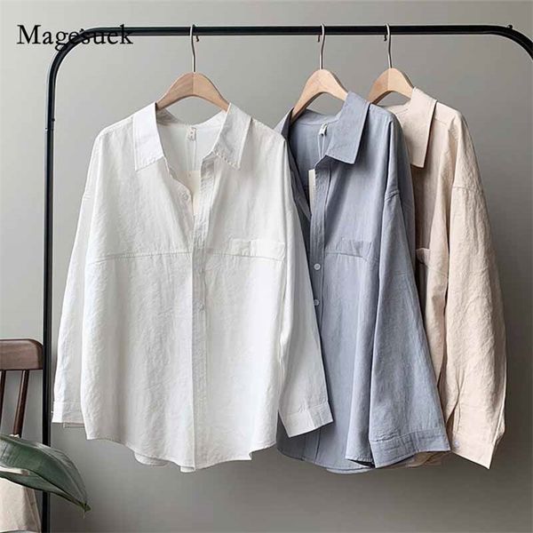

women's cotton feel shirt imitation suede spring long sleeve retro blouses shirts turn-down solid oversize 11111 210518, White
