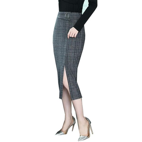 

skirts women plaid skirt 2021 autumn woolen long split winter office lady elegant for work 2816ly, Black