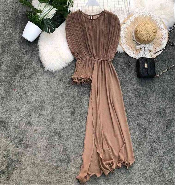 

summer pleated round neck women blouses slim chiffon casual wild sleeveless solid color fashion personality wa479, White