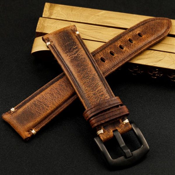 

watch bands handmade first layer leather watchband 18 19 20 21 22mm retro suit men's color-change bracelet, Black;brown