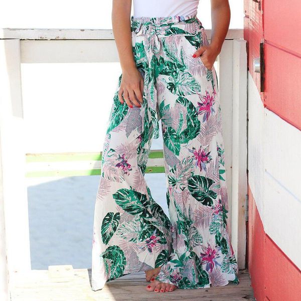 

women's pants & capris 2021 fashion drawstring print wide leg women summer casual loose full length trousers, Black;white