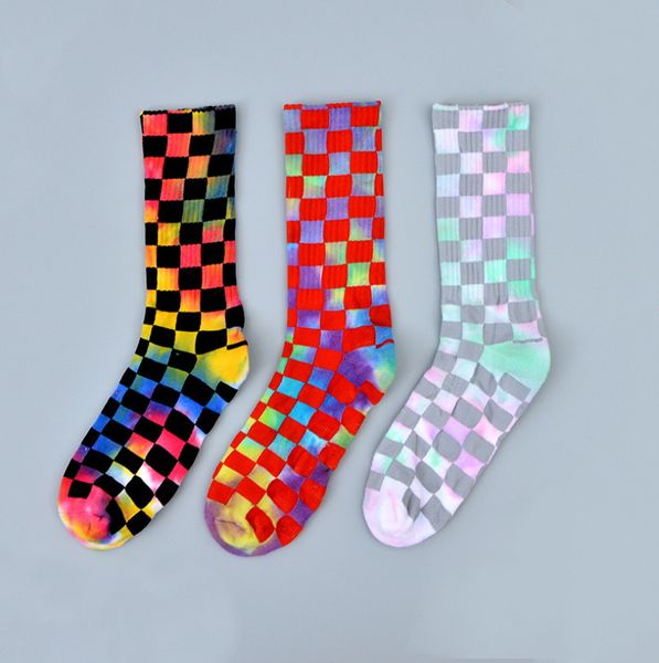 Neue Tie-Dye Plaid Männer und Frauen Socken Baumwolle Bunte Vortex Fluoreszenz HipHop Skateboard Lustige Glückliche Mädchen Socken