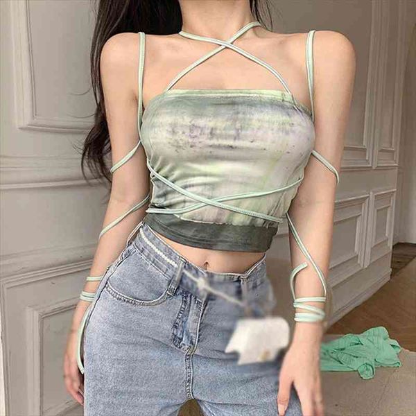 

women summer tie dye camis bandage halter vest slim female crop camis, White