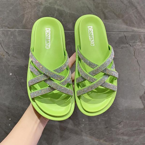 

slippers 2021 women's flip flops summer fashion solid color shoes rhinestone soft non-slip home open toe beach zapatillas mujer, Black