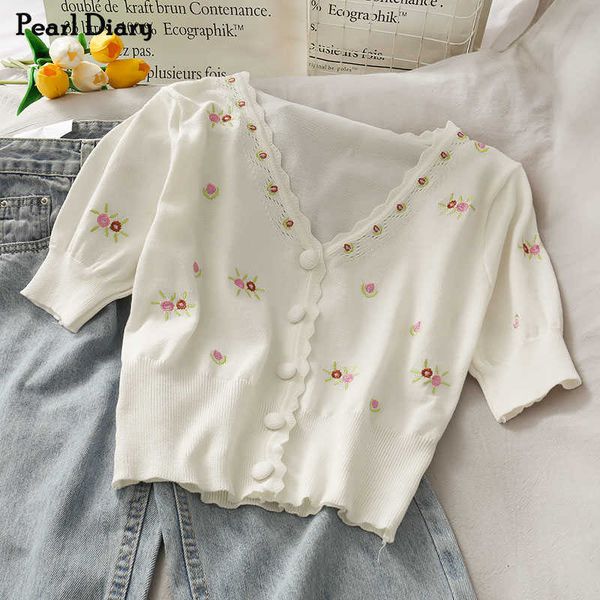 

pearl diary knit crop cardigan white color floral embroidery cardigan shirts v neck button front puff sleeve vintage y0621